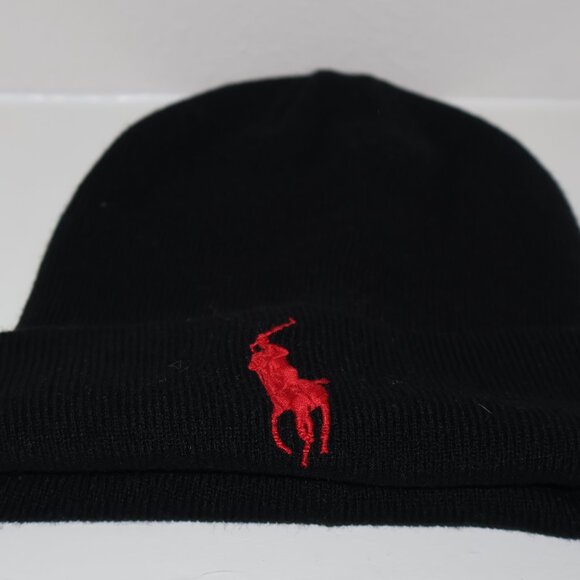 Polo Ralph Lauren Black Knit Beanie Red Pony Logo - Picture 2 of 5